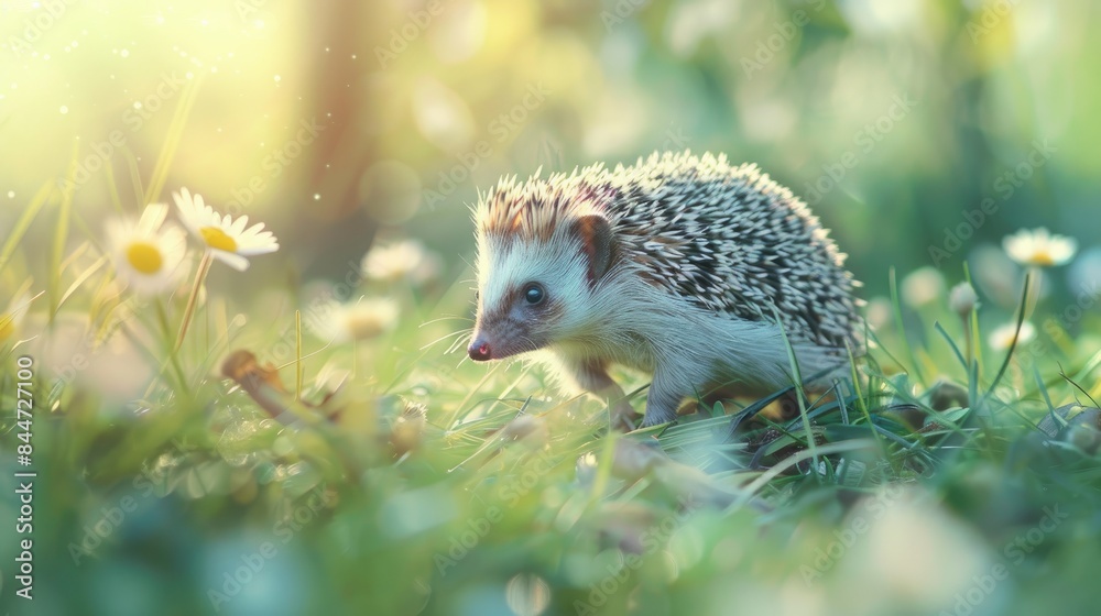 Hedgehog searches for food in the grass post winter Hedgehog searches for food in the grass post winter