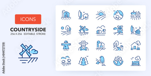 Line icons about countrysides and landscapes. Contains such icons as farm, cottage, mountain and more. 256x256 Pixel Perfect editable in two colors