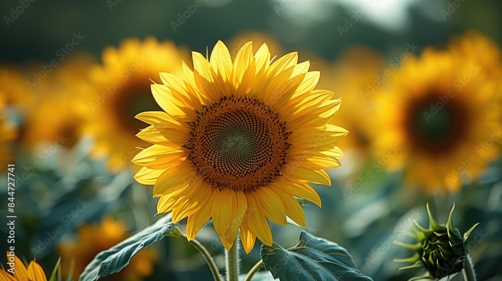 Fototapeta premium A breathtaking field of sunflowers in full bloom, with their golden petals stretching as far as the eye can see, capturing the beauty 