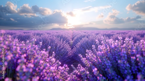 A dreamy lavender field in full bloom  with rows of fragrant purple flowers 