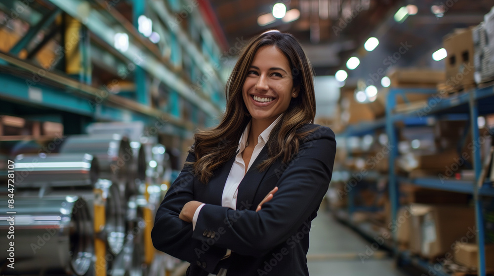 A confident businesswoman with her arms crossed is standing in an industrial warehouse. She is smiling and looking directly at the camera. A confident businesswoman with her arms crossed is standing in an industrial warehouse. She is smiling and looking directly at the camera.