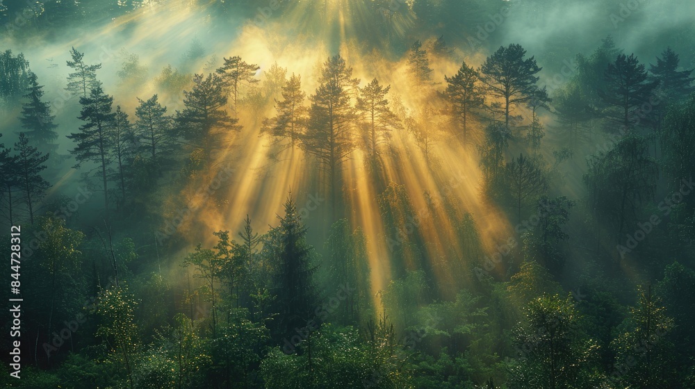 A misty forest shrouded in an ethereal glow, with rays of sunlight filtering through the dense foliage A misty forest shrouded in an ethereal glow, with rays of sunlight filtering through the dense foliage
