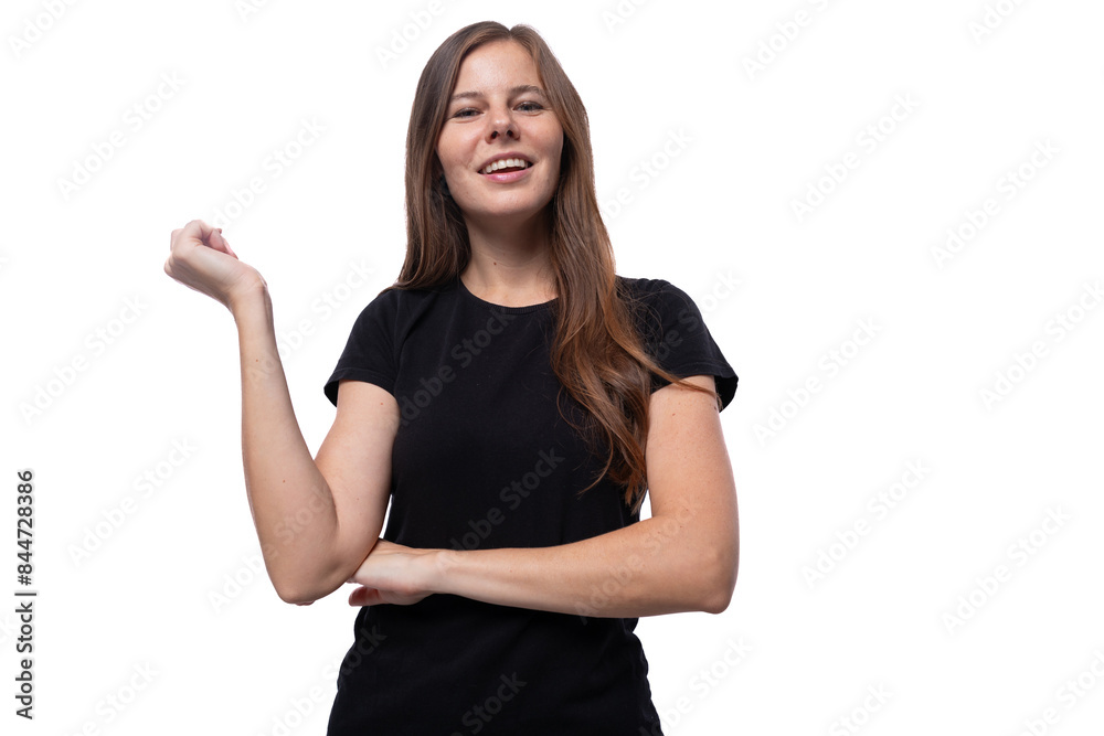 Portrait of a friendly pretty young woman wearing a black t-shirt Portrait of a friendly pretty young woman wearing a black t-shirt