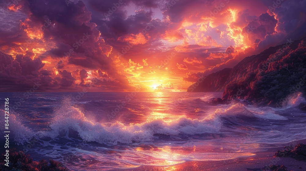 A stunning coastal cliffside, with crashing waves and a dramatic sunset painting the sky in hues of fiery orange and deep purple A stunning coastal cliffside, with crashing waves and a dramatic sunset painting the sky in hues of fiery orange and deep purple