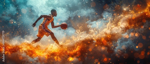 Dynamic basketball slam dunk with vibrant motion trails.