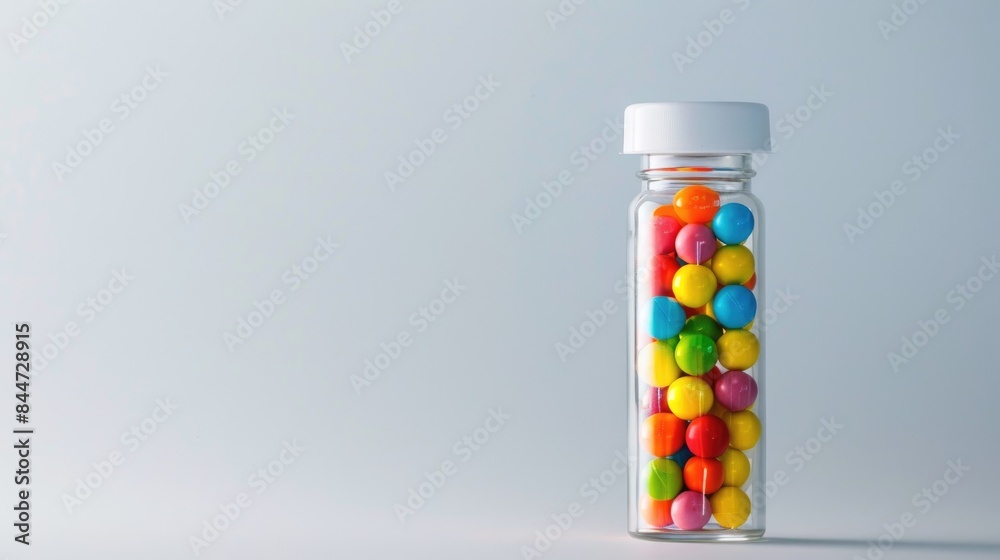 Colorful pills in glass vial White background with space for text Colorful pills in glass vial White background with space for text