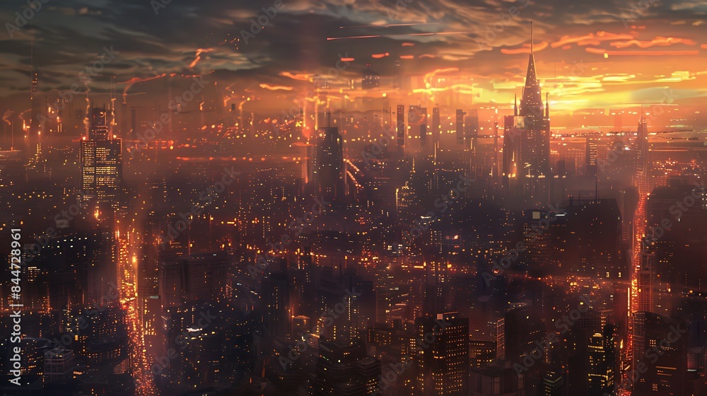 Obraz premium Twilight Over the City A captivating cityscape bathed in the warm glow of twilight with skyscrapers reaching towards the darkening sky