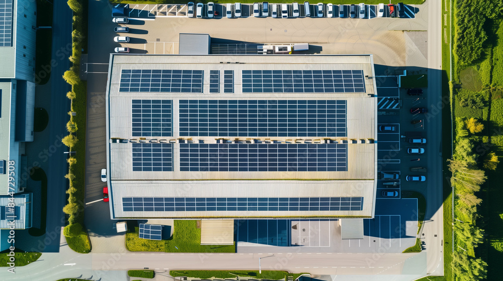 Aerial view of an industrial warehouse with solar panels on the roof at sunset Aerial view of an industrial warehouse with solar panels on the roof at sunset