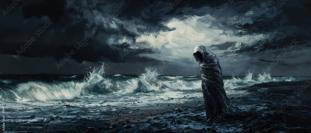 Obraz premium Solitary figure in a robe shrouded in mystery stands on a rocky beach with turbulent ocean and darkness of the storm threatening to overwhelm the last remains of light.