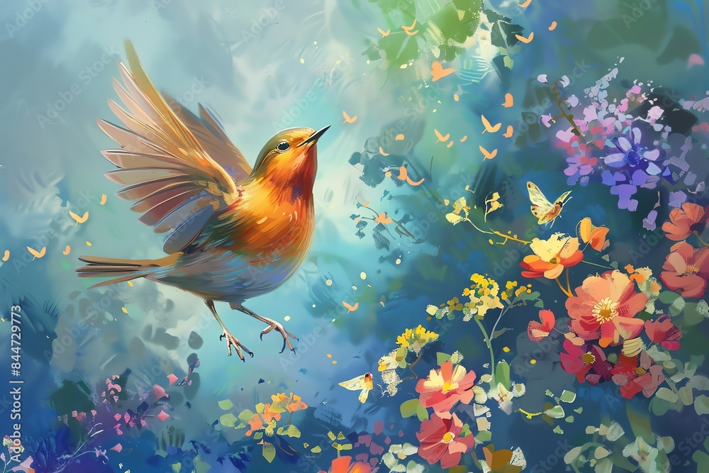Robin in a garden of flowers Robin in a garden of flowers