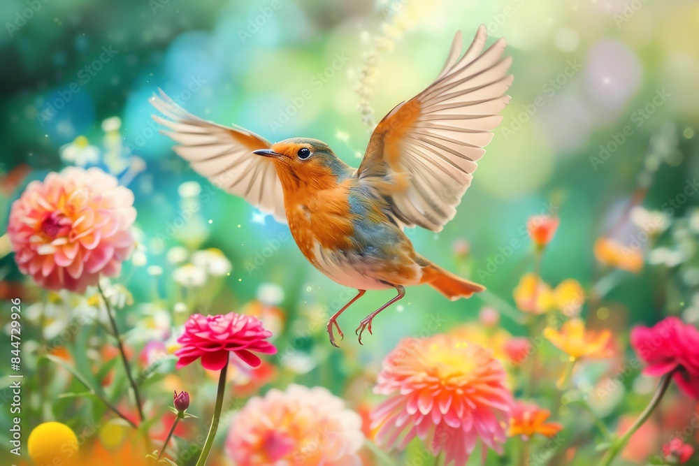 Fototapeta premium Robin in a garden of flowers