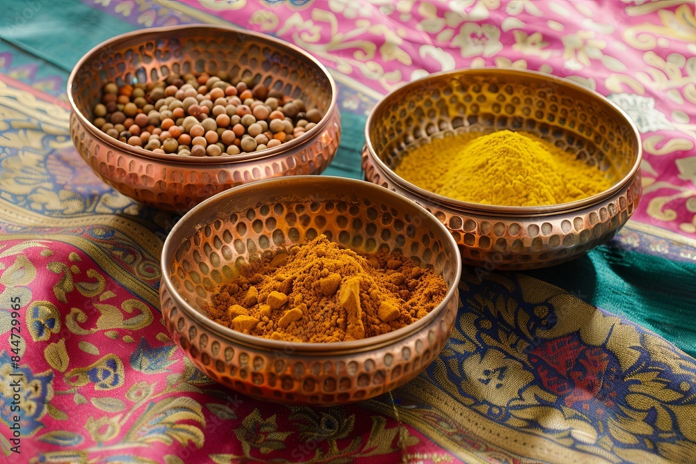 Three copper bowls filled with various Indian spices, including turmeric, cumin, coriander, and garam masala, are arranged on a colorful fabric background. Generative AI Three copper bowls filled with various Indian spices, including turmeric, cumin, coriander, and garam masala, are arranged on a colorful fabric background. Generative AI
