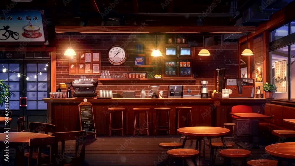 A rustic-themed cafe should highlight exposed brick walls, wooden furniture, and a cozy atmosphere. seamless looping video background