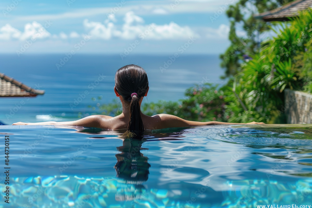Swimsuit Model Relaxing on Infinity Swimming Pool at Luxury Villa Hotel in High-end Resort