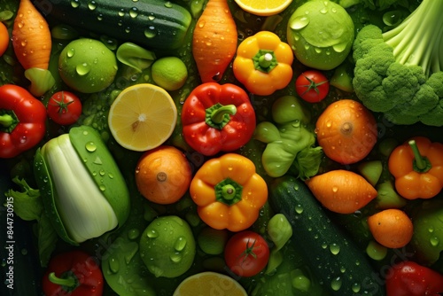 Top view of colorful fresh vegetables with water droplets  healthy food concept