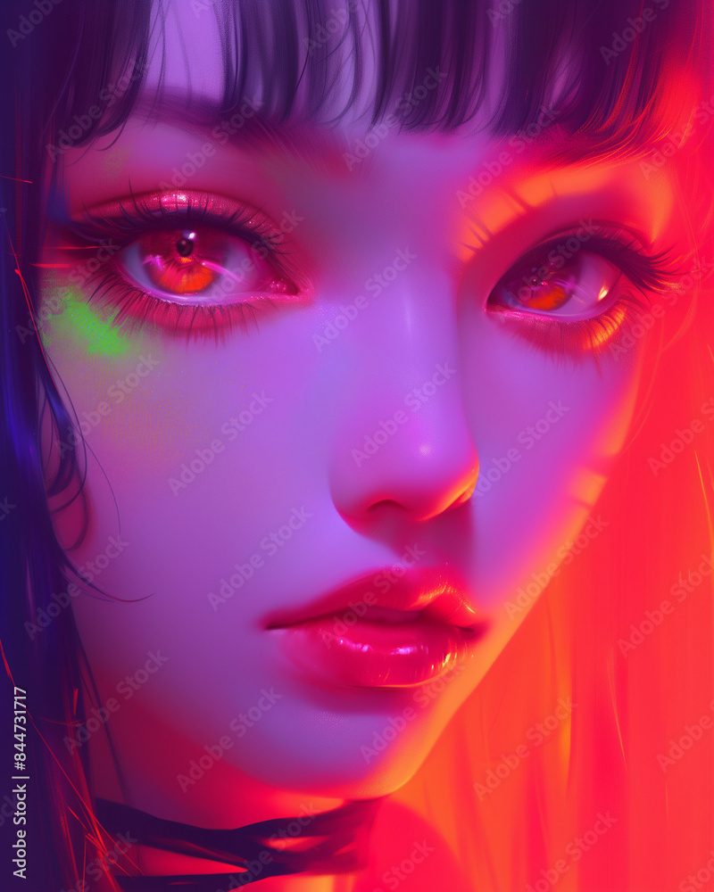 A focused shot captures the vibrant red eyes and impeccably made-up face of an anime woman, her glossy, moist lips aglow under a gentle red hue. A focused shot captures the vibrant red eyes and impeccably made-up face of an anime woman, her glossy, moist lips aglow under a gentle red hue.
