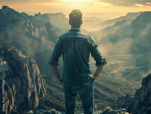 A man standing on top of the mountain, overlooking the valley below him in a foggy morning, in the style of a cinematic shot during the golden hour, with mountains in the background