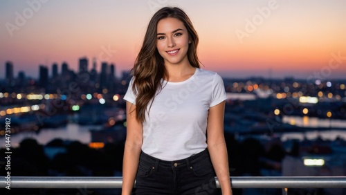 Young woman wearing white t-shirt and black jeans standing on cityscape at night background © QuoDesign