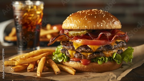 Delicious burger with all the trimmings, perfect for casual dining and fast food advertising