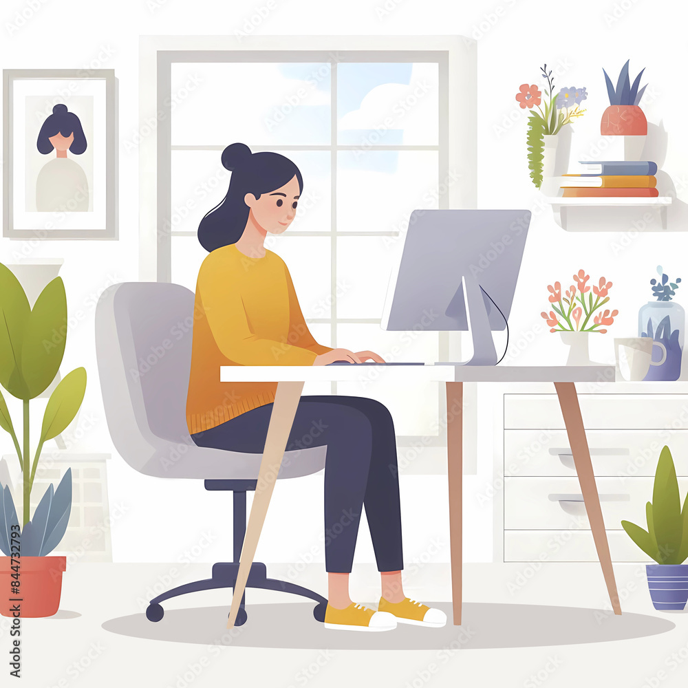 Illustration in flat style of woman working on computer from home. Home office concept, student or freelancer. Illustration in flat style of woman working on computer from home. Home office concept, student or freelancer.