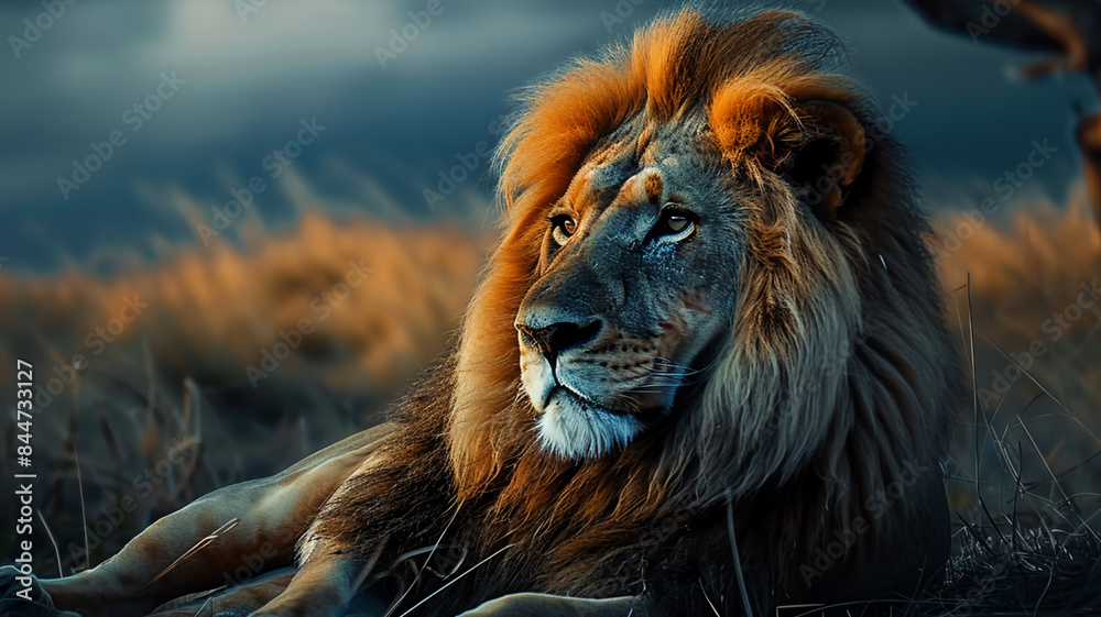 Fototapeta premium Majestic lion resting in the African wilderness, AI Generative.