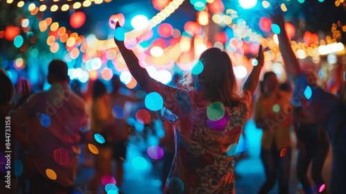 Soft outoffocus lights and blurred shapes of people dancing and laughing at a street festival capturing the energetic and inclusive nature of a vibrant community celebration. . © Justlight