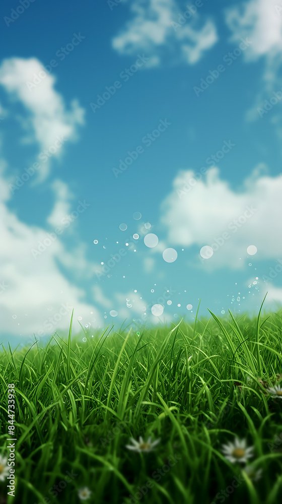 Fototapeta premium Serene Green Meadow and Blue Sky with Radiant Sunlight