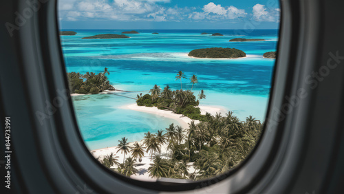 Photo of indoor to outdoor plane window to see down paradisiac islands