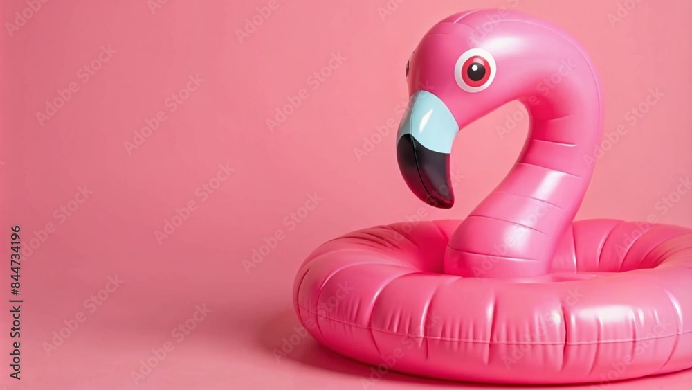 Fototapeta premium Giant inflatable Flamingo on a pink background, pool float party, trendy summer concept, banner background with copy space