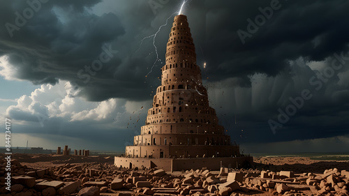 A towering structure reaching towards the heavens, representing the Tower of Babel, with scattered bricks and unfinished sections symbolizing the confusion of languages. From Old Testament Genesis