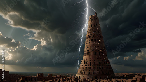A towering structure reaching towards the heavens, representing the Tower of Babel, with scattered bricks and unfinished sections symbolizing the confusion of languages. From Old Testament Genesis