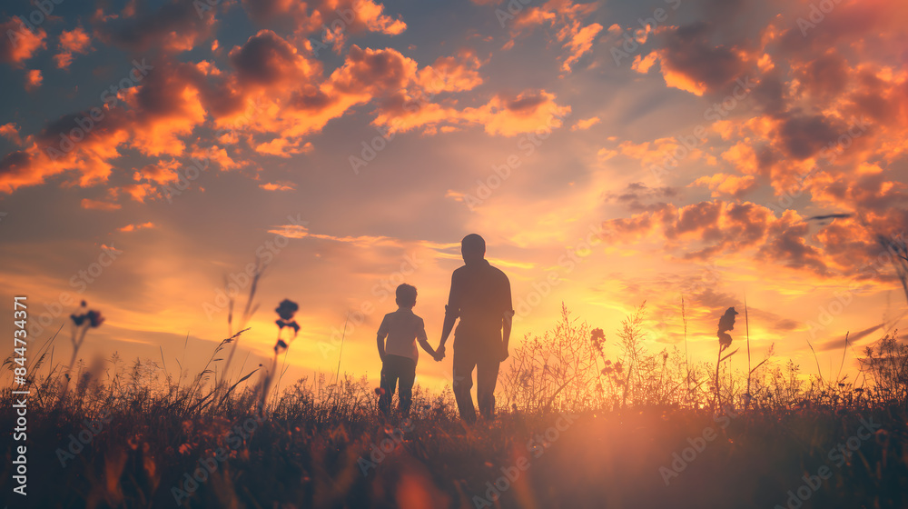 Fototapeta premium Silhouettes of Father and Children at Sunset in Field