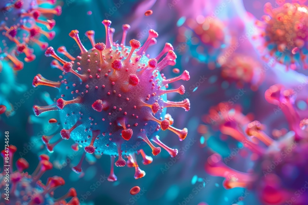 Close-up view of a colorful virus, showcasing detailed molecular structure, ideal for health and science visuals.
