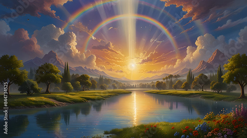 River of Life in Revelation Biblical scene, flowing through the New Jerusalem, crystal-clear water winding through a lush landscape of fruit-bearing trees and blooming flowers. The water reflects gold