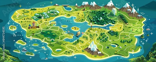 Colorful fantasy map illustration of an imaginary island with mountains, forests, lakes, and castles, perfect for adventure and game designs.