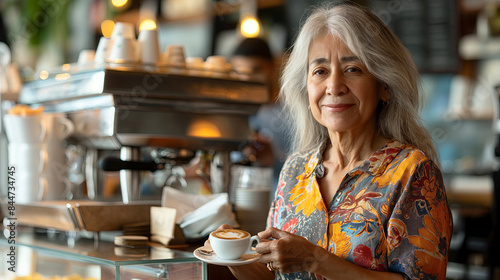 Elegant Senior Woman Enjoying Coffee at Trendy Cafe