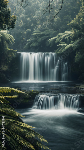 Enchanted Forest Waterfall Surrounded by Lush Greenery