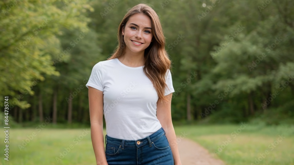 Young woman wearing white t-shirt and blue jeans standing in nature Young woman wearing white t-shirt and blue jeans standing in nature