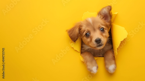 Adorable Puppy Popping Through a Torn Yellow Paper Background photo