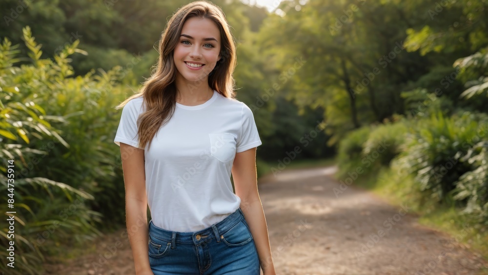 Young woman wearing white t-shirt and blue jeans standing in nature Young woman wearing white t-shirt and blue jeans standing in nature