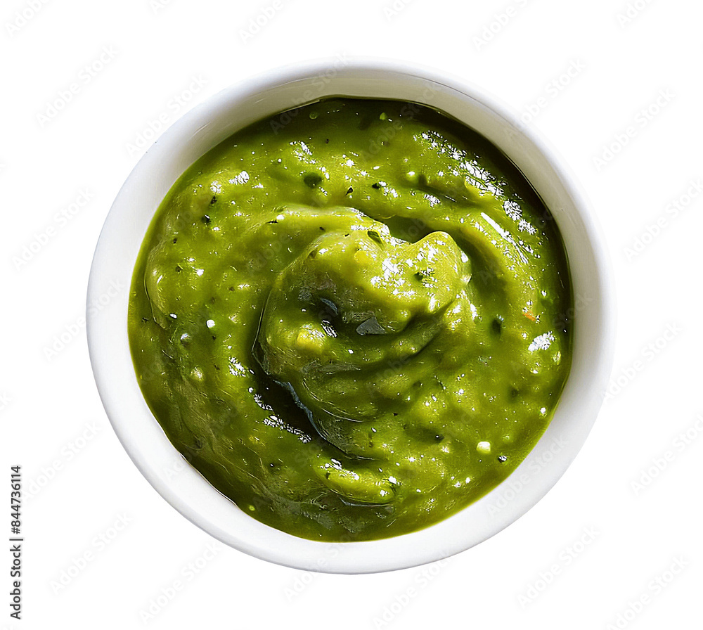 Green salsa verde in a white bowl, freshly made with a vibrant blend of herbs and spices. Green salsa verde in a white bowl, freshly made with a vibrant blend of herbs and spices.