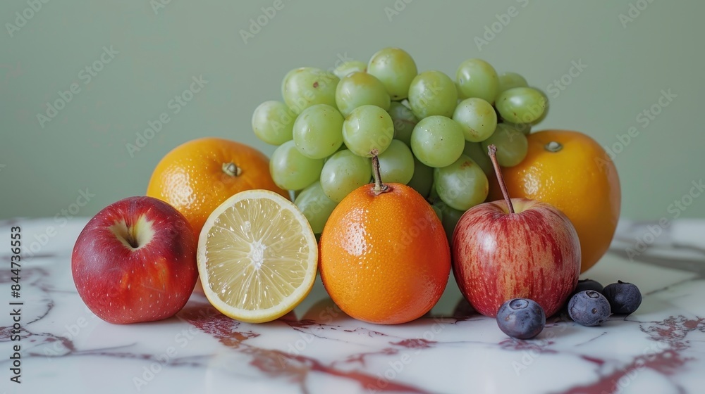 Minimalistic shot of fresh fruits arranged neatly on a table Minimalistic shot of fresh fruits arranged neatly on a table