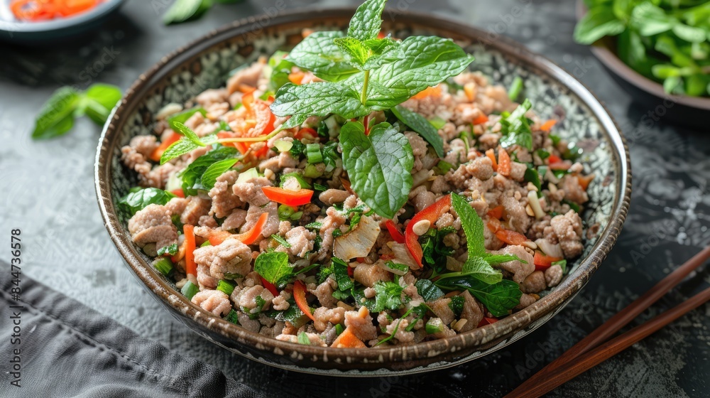 Thai larb salad with minced chicken and fresh mint leaves Thai larb salad with minced chicken and fresh mint leaves