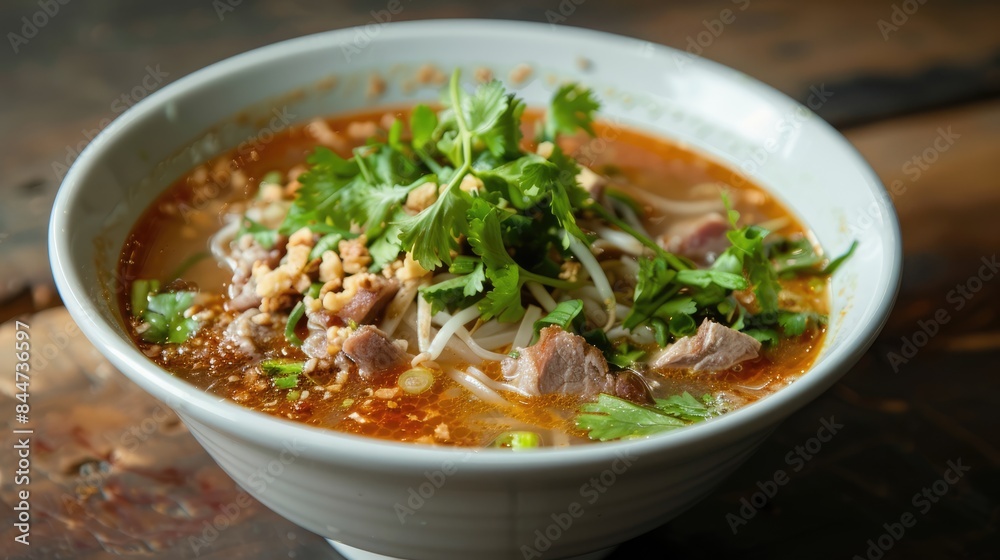 Thai noodle soup with pork and fresh herbs in a bowl Thai noodle soup with pork and fresh herbs in a bowl