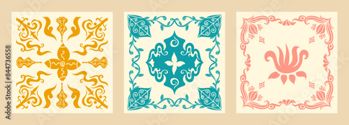 Retro, VIntage, Cultural Tile, seamless pattern, repetitive, interior, ground, surface, tiled, wrapping, background, ornament, set, collection, detail, floral, flower, botanical, old, postmodern