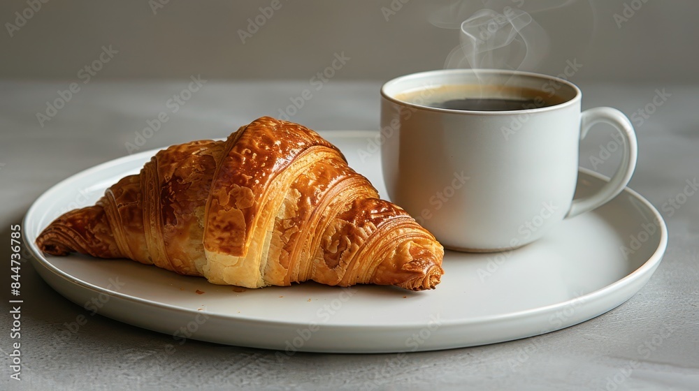 steaming cup of coffee with a croissant on a simple white plate