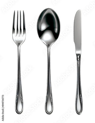 Silverware set with ornate handles featuring a fork, spoon, and knife.