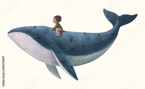 Boy and whale watercolor vector illustration. animal wildlife.