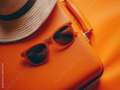 A suitcase with sunglasses and a hat on it, in a commercial photography style, with a minimalist style, as a closeup shot, with bright colors, clean lines, with high resolution, on a solid color