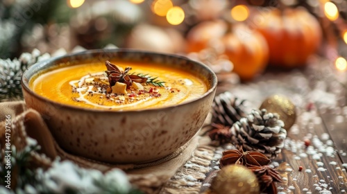 Warm pumpkin soup in cozy winter scene, perfect for fall and winter food promotions